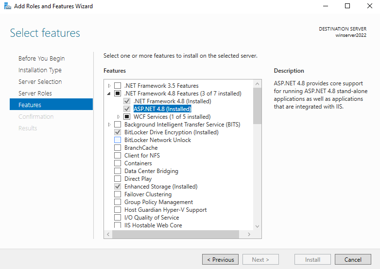 IIS 的螢幕擷取畫面，顯示 IIS 的新增角色和功能：已選取 [ASP.NET 4.8]。