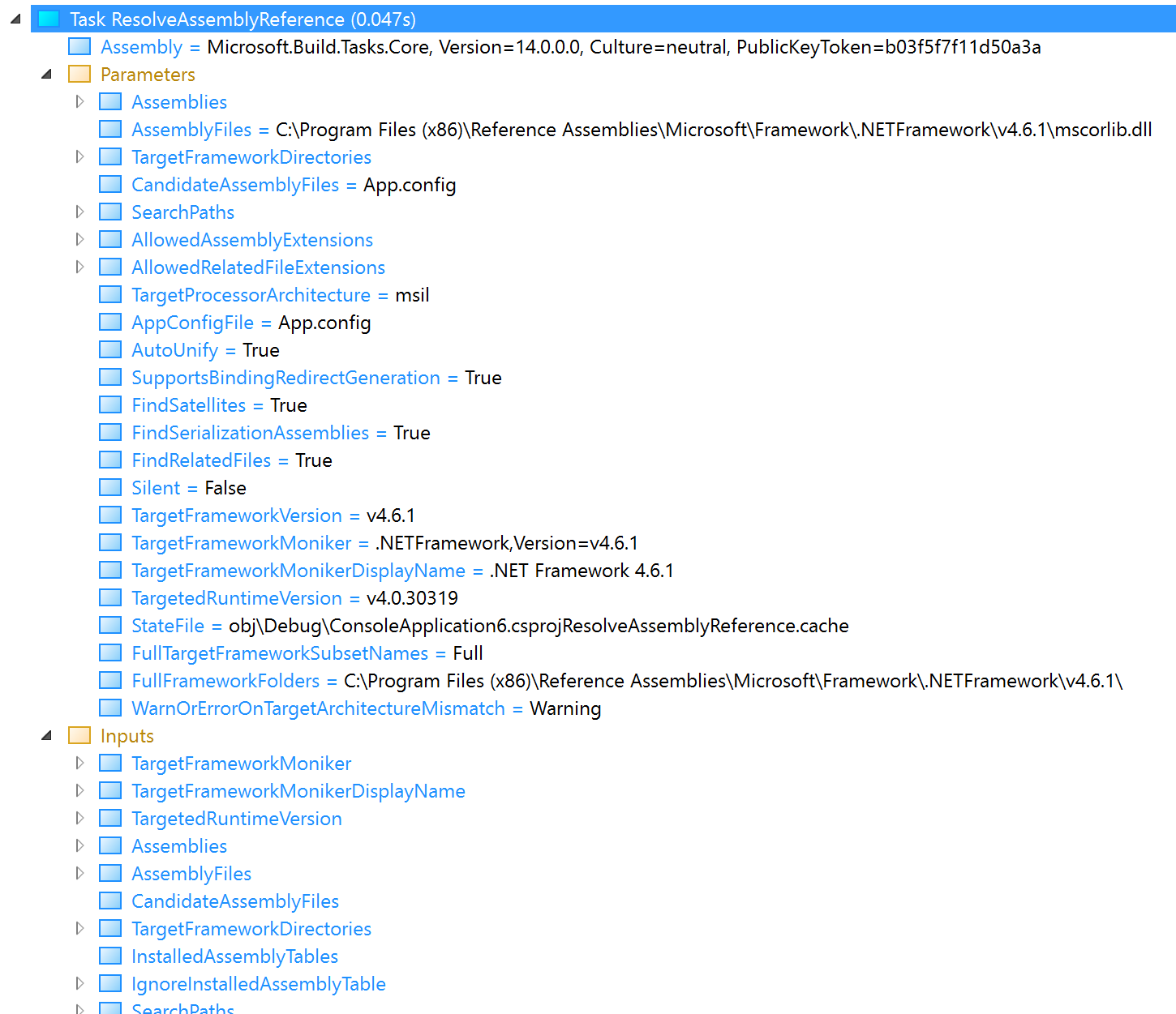 顯示 ResolveAssemblyReference 工作之輸入參數的螢幕擷取畫面。