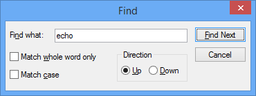WinDbg 中搜尋 'echo' 一詞的 [尋找] 對話框螢幕快照。