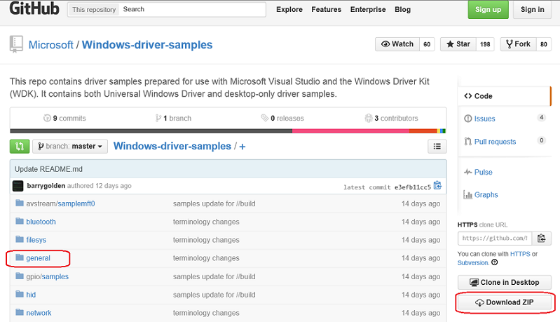 GitHub windows-driver-samples 頁面的螢幕快照，其中醒目提示一般資料夾和下載 zip 按鈕。