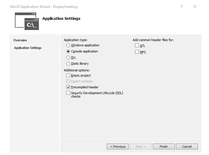 Visual Studio 中的 Win32 應用程式精靈設定。