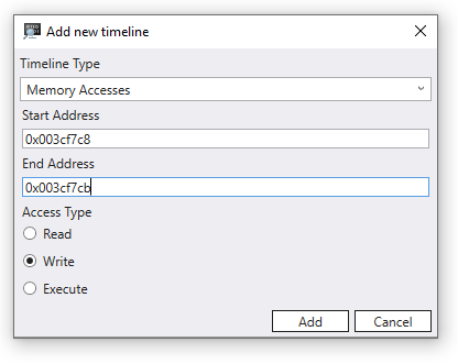新增時間軸記憶體存取對話框，其中已選取寫入按鈕，開始值為 003cf7c8。