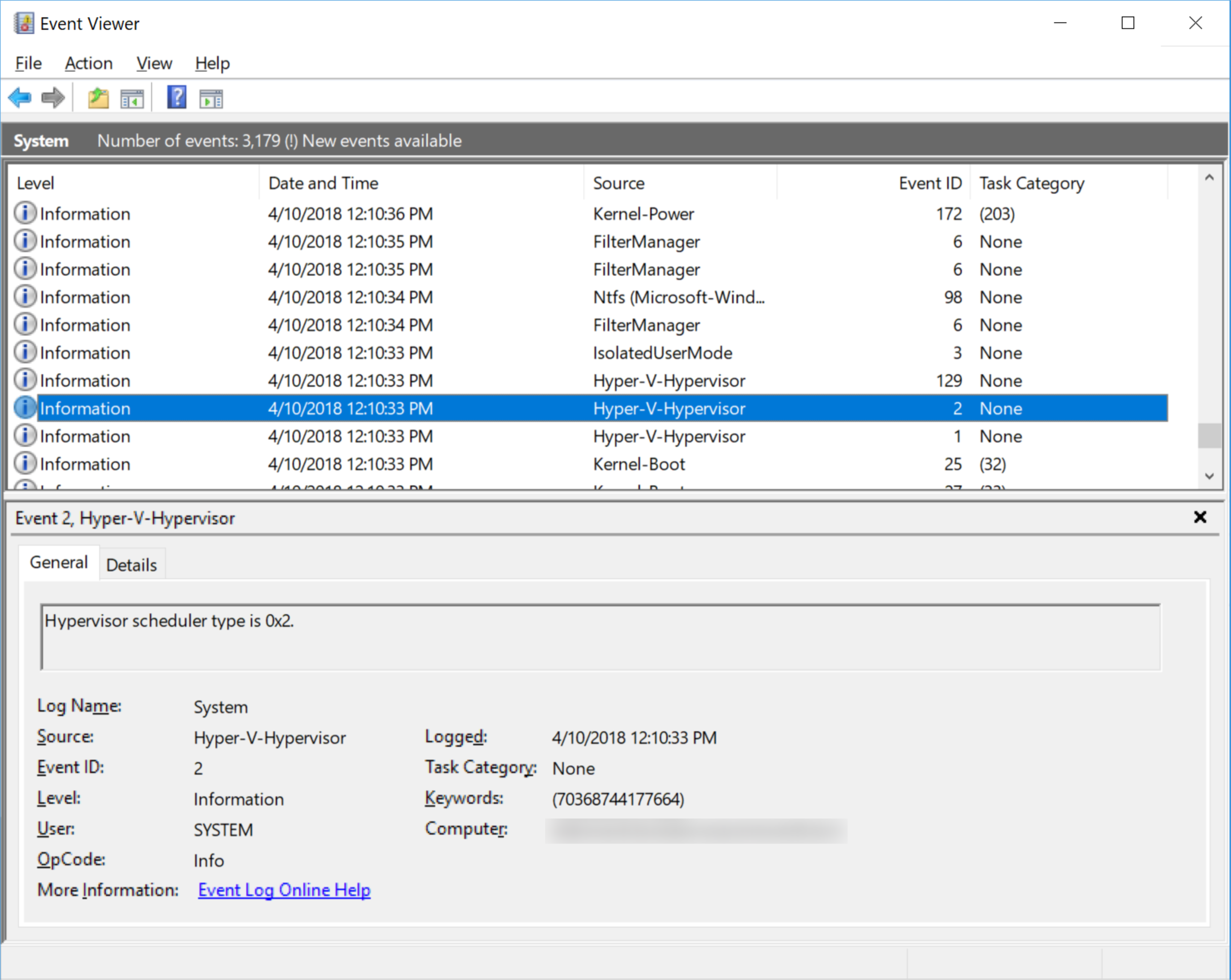 事件檢視器 視窗的螢幕快照。使用者已從事件清單中選取 [Hyper-V Hypervisor 啟動事件標識碼 2]，以深藍色反白顯示它。