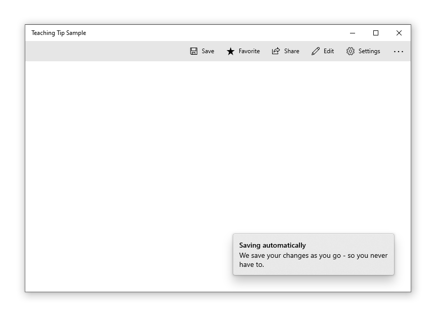 範例應用程式，包含位在右下角的消失關閉教學提示。提示標題為 [自動儲存]，子標題為 [系統會在您工作時儲存您的變更，您永遠不需要再自行儲存了。]。
