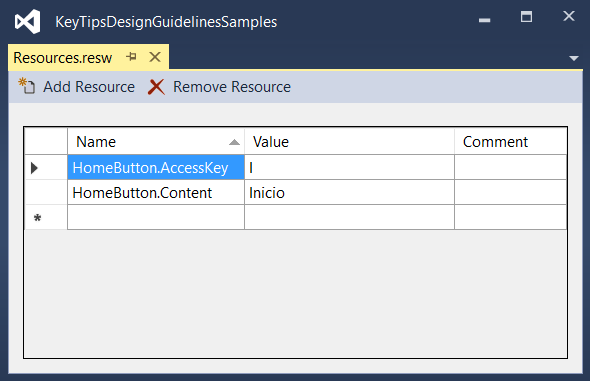 指定 resources.resw 檔案中指定的 AccessKey 屬性