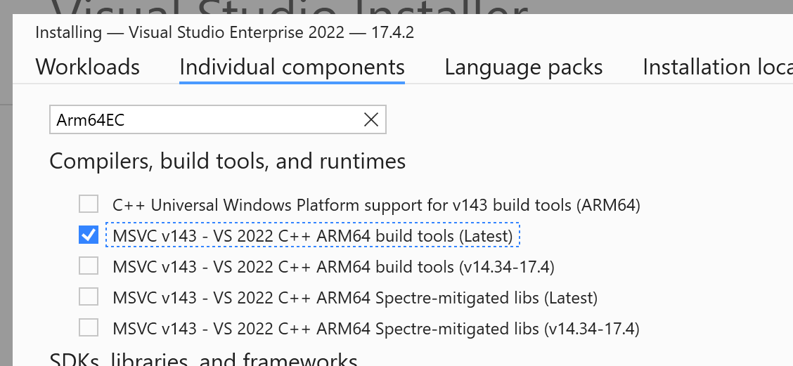 Visual Studio 安裝程式 Arm64EC 複選框螢幕快照