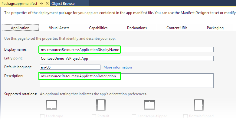 Visual Studio 指令清單設計工具的螢幕快照，其中顯示 [應用程式] 索引卷標，其中已指出 [顯示名稱] 和 [描述] 文本框。